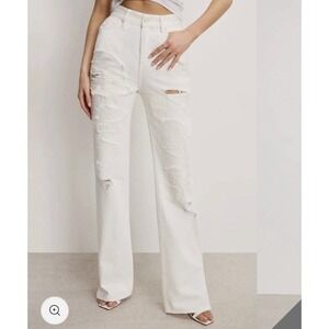 NWT Good American The Khloe Jean 12/31 White Distressed Super High Rise Straight